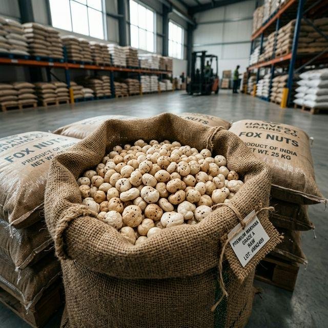 Bulk makhana sacks in a warehouse