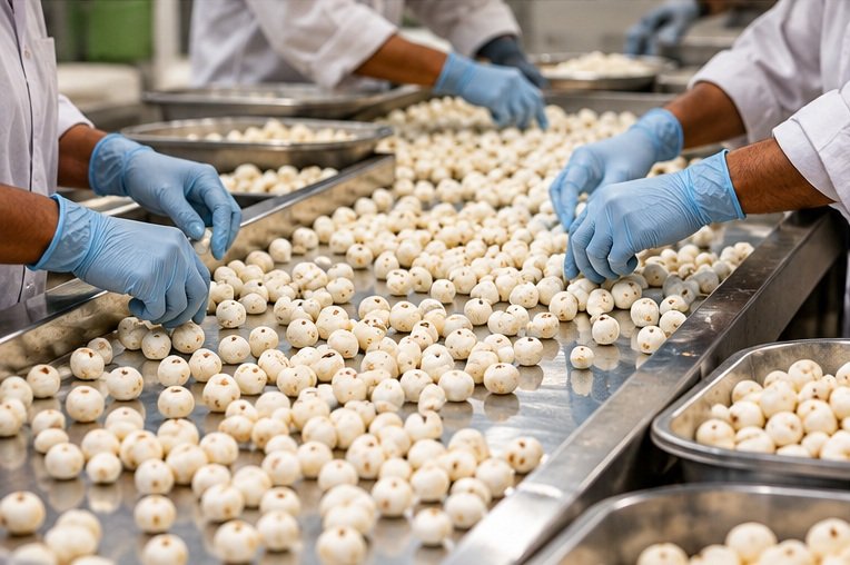Workers grading and sorting makhana on a steel table