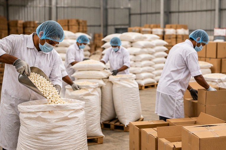 Makhana being packed into bulk sacks in a warehouse