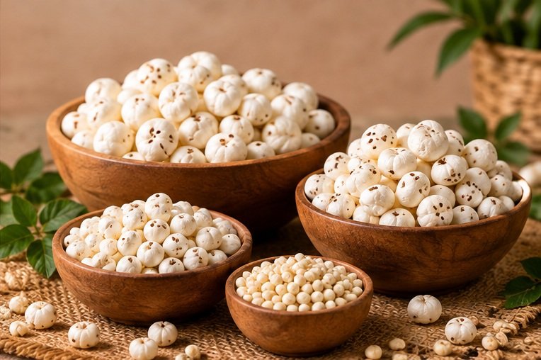 Popped makhana in wooden bowls